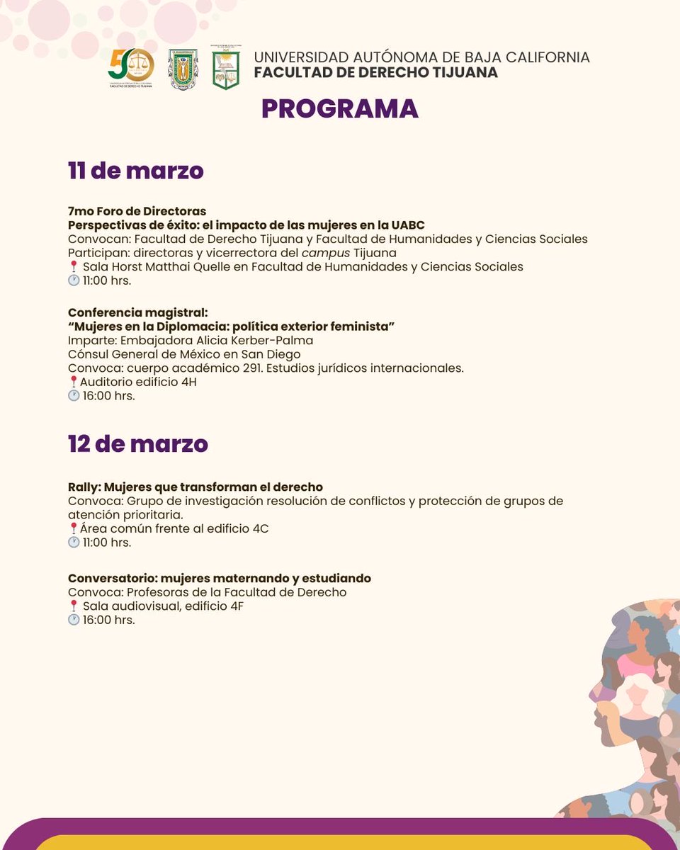 DerechoUabc's tweet photo. ⚖️💜 Conmemoración del Día Internacional de la Mujer 2026. @DerechoUabc conmemora el Día Internacional de la Mujer con una serie de actividades académicas, culturales y de reflexión.
Consulta el programa completo.

#8M #DíaInternacionalDeLaMujer #FDT #UABC #IgualdadSustantiva https://t.co/1tbkR3qv37