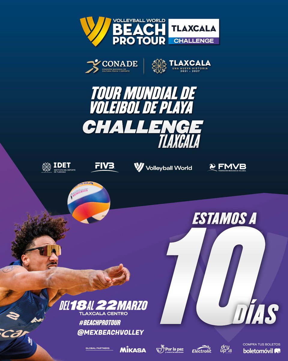 🏐 ¡Toda la emoción del voleibol está a 10 días de comenzar! 🏐
⌛ Faltan 10 días para vivir la intensidad del Tour Mundial de Voleibol de Playa challenge Tlaxcala, donde el talento y la pasión se encontrarán en la cancha
¡Tlaxcala está lista para recibirlos!

#VoleibolDePlaya