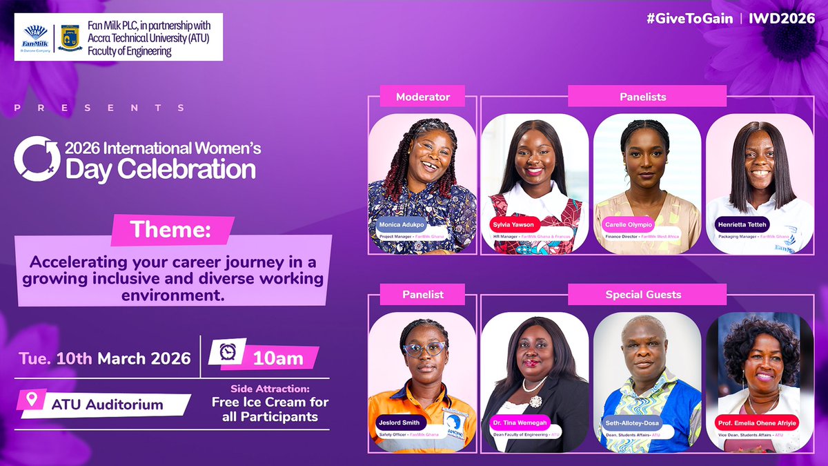FanMilkWA's tweet photo. To commemorate this year’s #IWD, FanMilk Ghana is partnering with Accra Technical University to host a conference themed “Accelerating Your Career Journey in a Growing, Inclusive, and Diverse Work Environment.”

Register to attend: https://t.co/tdrXvlZdqg https://t.co/zrUIclw718