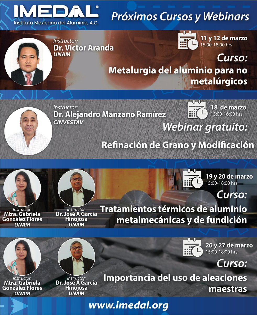 IMEDAL_Oficial's tweet image. 🔵 Próximos Cursos y Webinars IMEDAL

En el Instituto Mexicano del Aluminio seguimos impulsando la capacitación especializada para el sector. 📚⚙️

📅 Consulta fechas y asegura tu lugar.
🔗 Más información en: lnkd.in/e59Et9T8
#IMEDAL
#Aluminio 
#CapacitaciónIndustrial