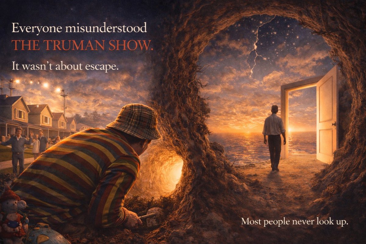 introspectiveu's tweet photo. The real message of The Truman Show isn’t about escape.

It’s about the moment you realize the world you trusted might be staged.

Most people would rather stay comfortable than question the sky. https://t.co/l7yluDAF9b
