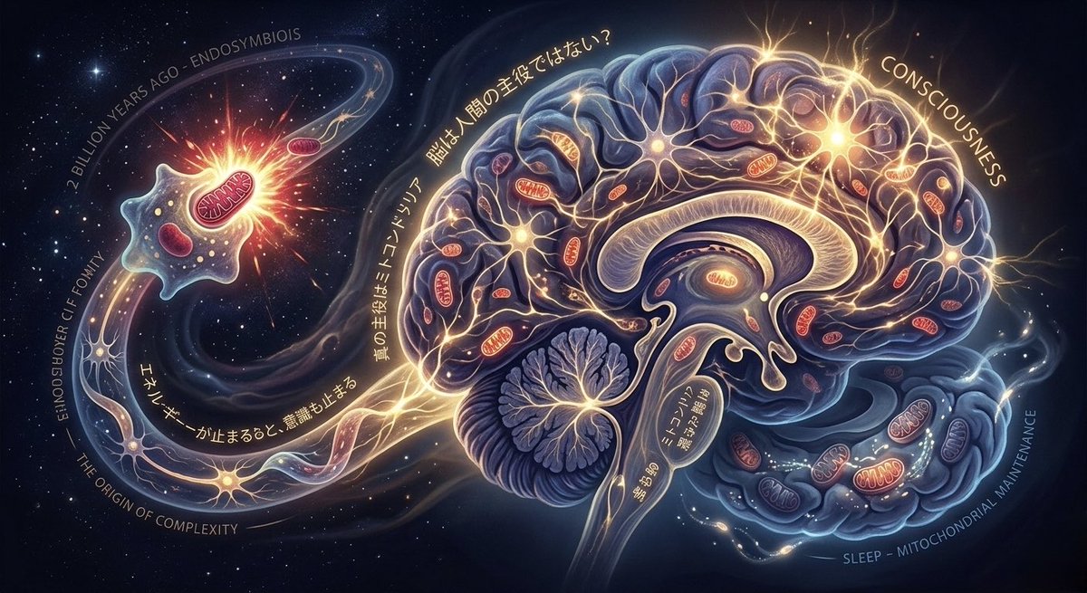 私たちは普段、「脳が人間の主役」だと思っています。
でも細胞の中をのぞくと、別の主役候補がいます。

「ミトコンドリア」！

細胞の中にある小さな発電所。
ATPというエネルギーを作り、私たちの体を動かしています。