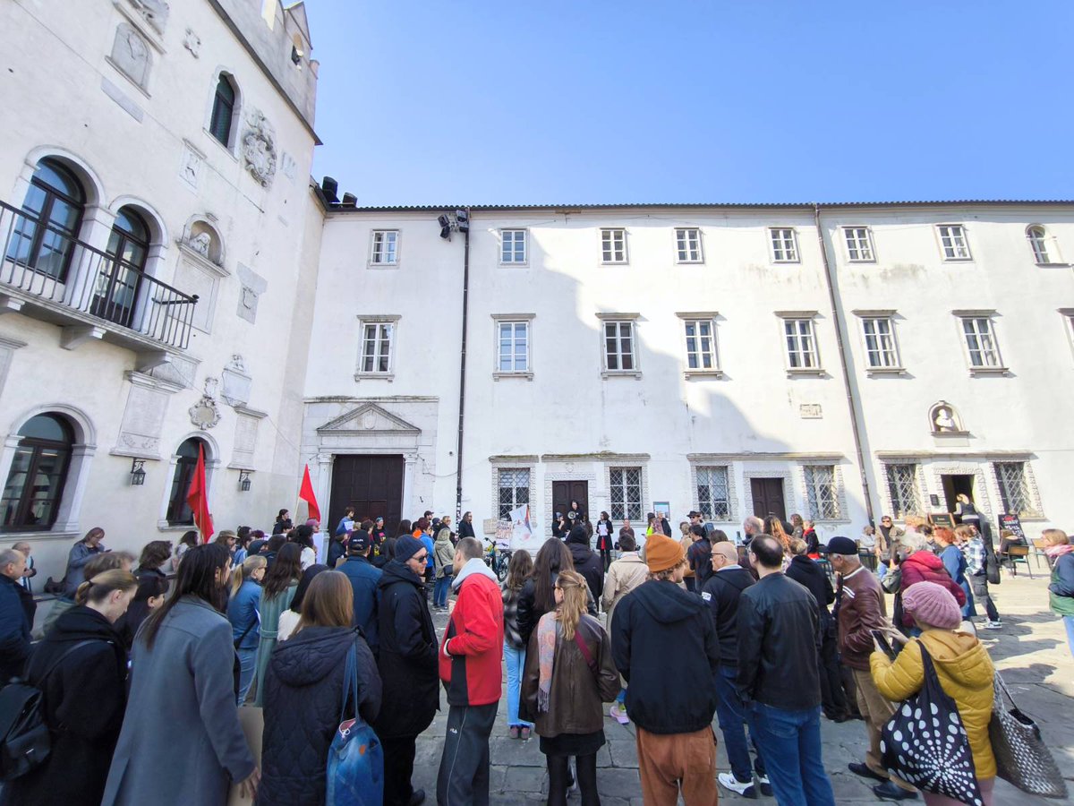 Ainfoshop's tweet image. Few hundred people at the "We won't work for your wars!" feminist #8M2026 demonstration and gathering against war and patriarchy in #Koper #Slovenia 💜
