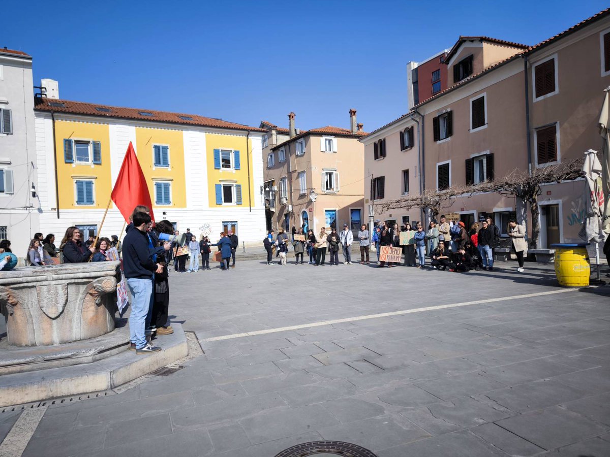 Ainfoshop's tweet image. Few hundred people at the "We won't work for your wars!" feminist #8M2026 demonstration and gathering against war and patriarchy in #Koper #Slovenia 💜