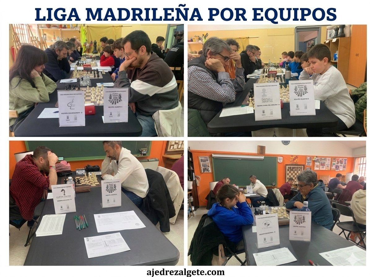 Liga Madrileña por Equipos. El Club disputa hoy la última ronda de la Liga Madrileña por Equipos. Con 4 equipos en competición. En las mesas se sientan jugadores de todas las edades,hombres y mujeres comparten tablero, demostrando que el ajedrez es un deporte que une generaciones