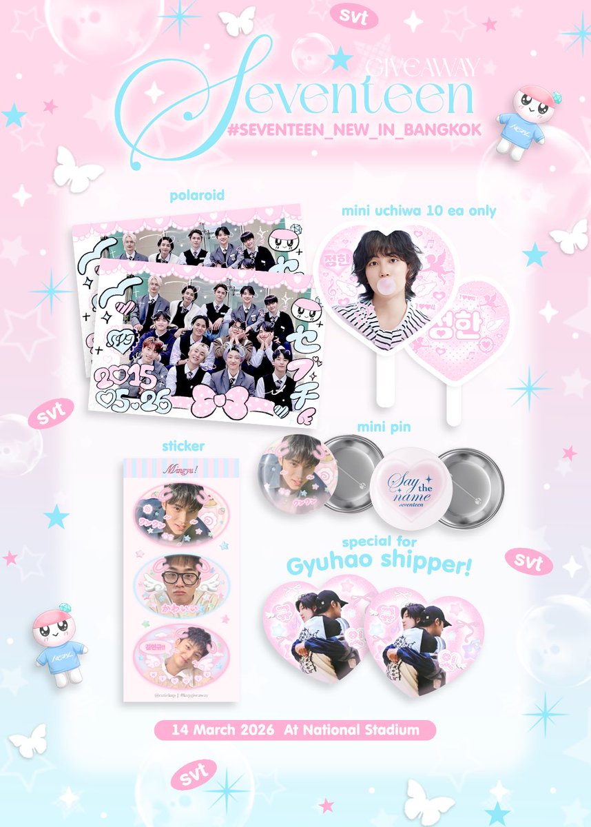 .・✭ giveaway💘✭・.
#NEW_BANGKOK ᵎᵎ 

♡ ᴘᴏʟᴀʀᴏɪᴅ 50 ᴇᴀ
♡ ᴊʜ ᴍɪɴɪ ᴜᴄʜɪᴡᴀ 10 ᴇᴀ!🐰
♡ ꜱᴛɪᴄᴋᴇʀ &amp; ᴍɪɴɪ ᴘɪɴ

date : 14 March 2026
💒 at National Stadium

⋆.ೃ࿔ ᴘʟꜱ ʀᴛ &amp; ꜱʜᴏᴡ🪽*

#SEVENTEEN_NEW_IN_BANGKOK  
#กะรัตพระเวสสันดร #knpgiveaway