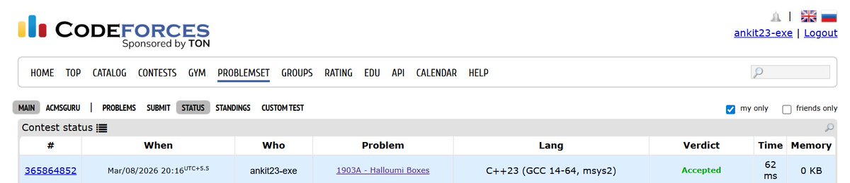 Ankit23_exe's tweet photo. finally finally finally, i submit my first question on codeforce๐คโจ
its 800 rating question and i will try to complete cp 31
sheet.
#DSA #codeforce https://t.co/n1vz6g6HjU
