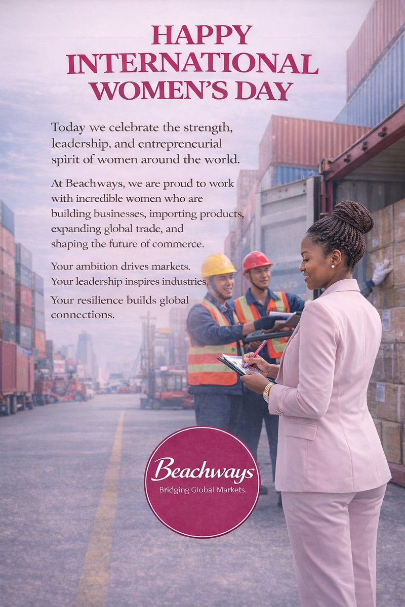 BeachwaysGroup's tweet photo. Women are shaping the future of global trade.
From factory floors in China to thriving businesses across Africa, their leadership and resilience drive markets forward.
Today we celebrate all the incredible women entrepreneurs we work with.
Happy International Women’s Day.
Beachways — Bridging Global Markets
#InternationalWomensDay #WomenInBusiness #GlobalTrade