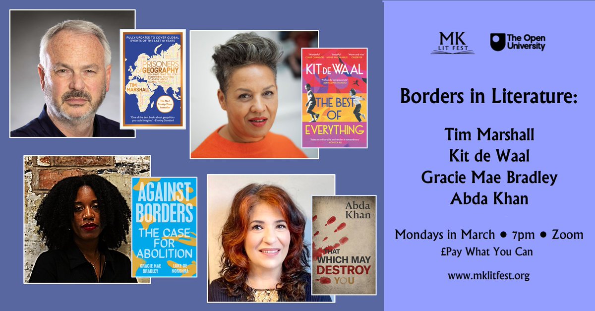 MKlitfest's tweet photo. Our Borders in Literature series with the Open University starts 7pm Mon 9/3 with Tim Marshall, and continues online every Mon eve for rest of March. All events free - info/bookings: https://t.co/zB9rVDciQB
#geography #timmarshall #PrisonersOfGeography #Geopolitics https://t.co/S6xYjvlWf3