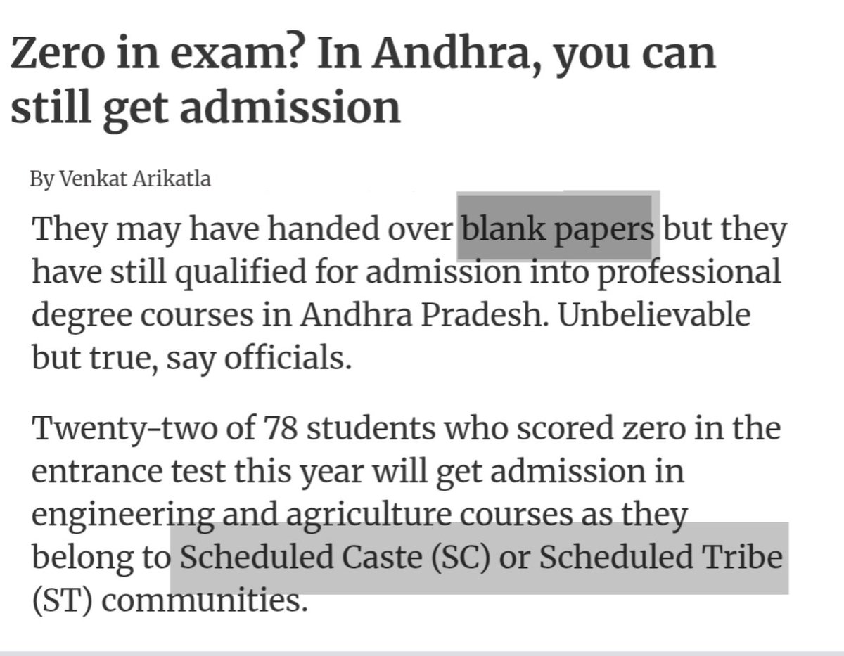 MeritvsQuota's tweet photo. AP EAMCET Entrance Exam

Students from SC/ST Category handed
Blank Answer sheet during exam and
were still Qualified for admission into
Professional Courses in Andhra Pradesh.

I didn't know Social Justice was
Equivalent to giving Attendance in Exams https://t.co/8y3U9nYwY6