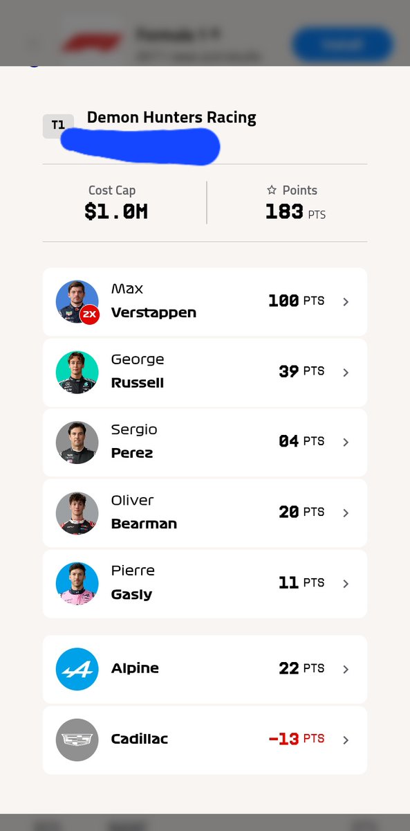 EmilyJessicaBea's tweet photo. @F_FantasyHub My 3 year old nephew picked his own team this year. (He did have Stroll but I secretly swapped him out for Bearman) 
But I think he actually did alright 🤣 hes 5/10 in the family league 😆 https://t.co/aTQqcmZqFi