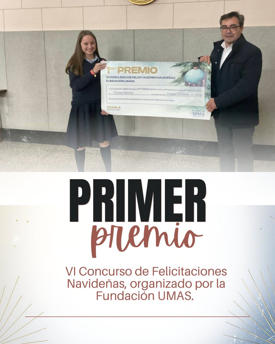Teresa Melchor Pimentel ha sido la ganadora del VI Concurso de Felicitaciones Navideñas, organizado por la Fundación UMAS. El representante de la Fundación vino al colegio a hacer la entrega del premio, un cheque regalo en material escolar. ¡Enhorabuena, Teresa!