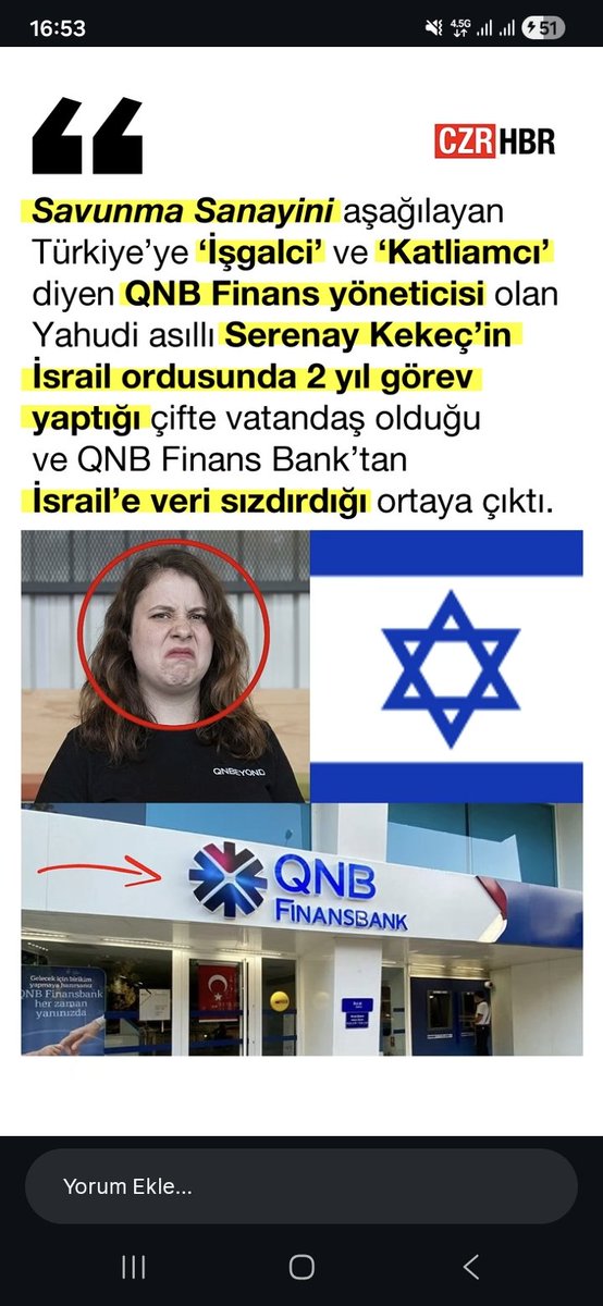 Hem Türkiye’nin ekmeğini yiyor, hem ‘işgalci’ diyor!

QNB Türkiye’de yönetici pozisyonunda görev yapan Serenay Kekeç sosyal medya üzerinden Türkiye’yi “işgalci” ve “katliamcı” olarak nitelendirip işgalci İsrail’le aynı kefeye koydu. <a href="/qnbtr/">QNB Türkiye</a>