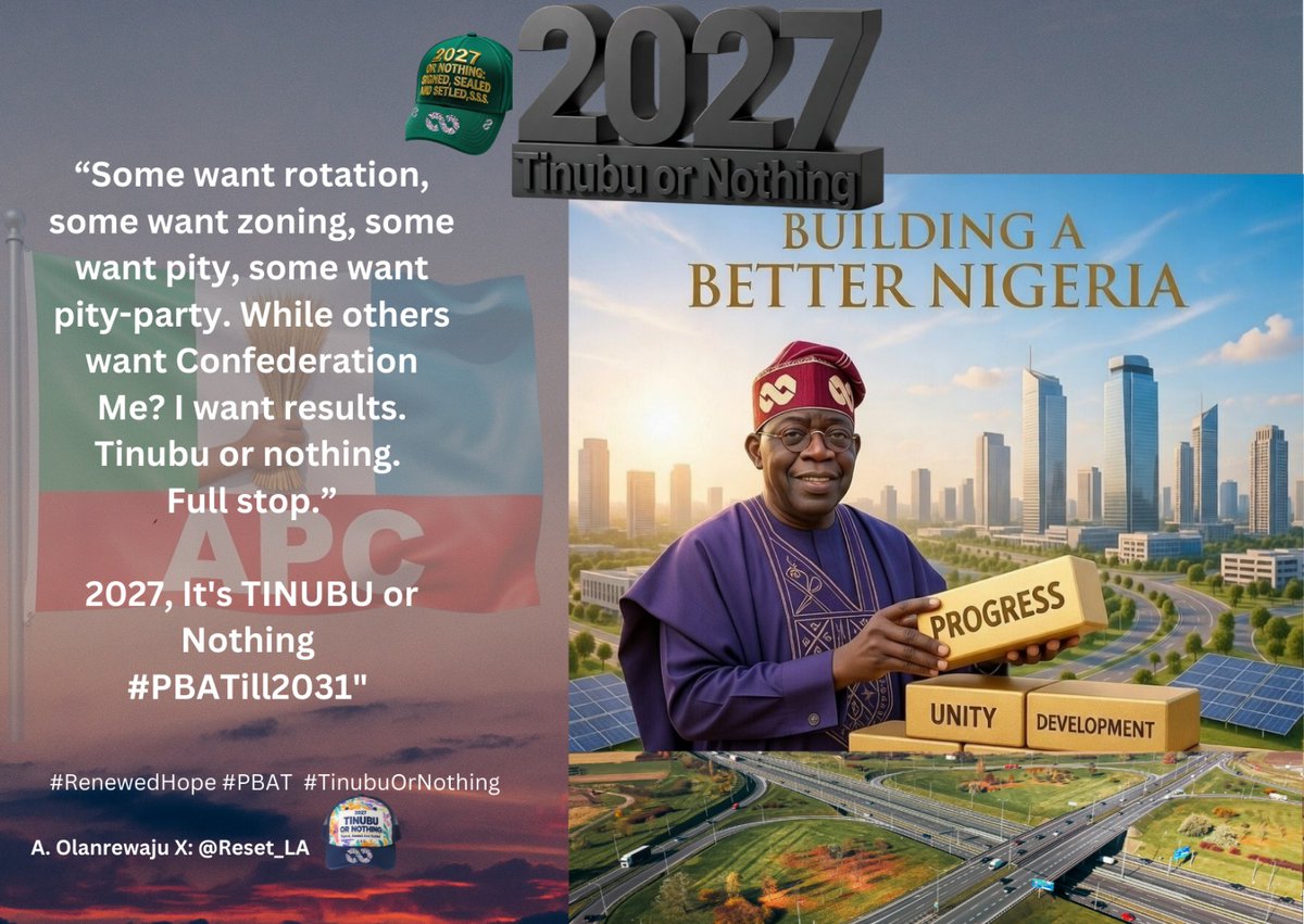 “Some want rotation, some want zoning, some want pity, some want pity-party. While others want Confederation
Me? I want results.
Tinubu or nothing. Full stop.”

If e pain you, no stress me, drink panadol relax Tinubu is Fixing Nigeria 

2027 na Tinubu <a href="/officialABAT/">Bola Ahmed Tinubu</a> or Nothing