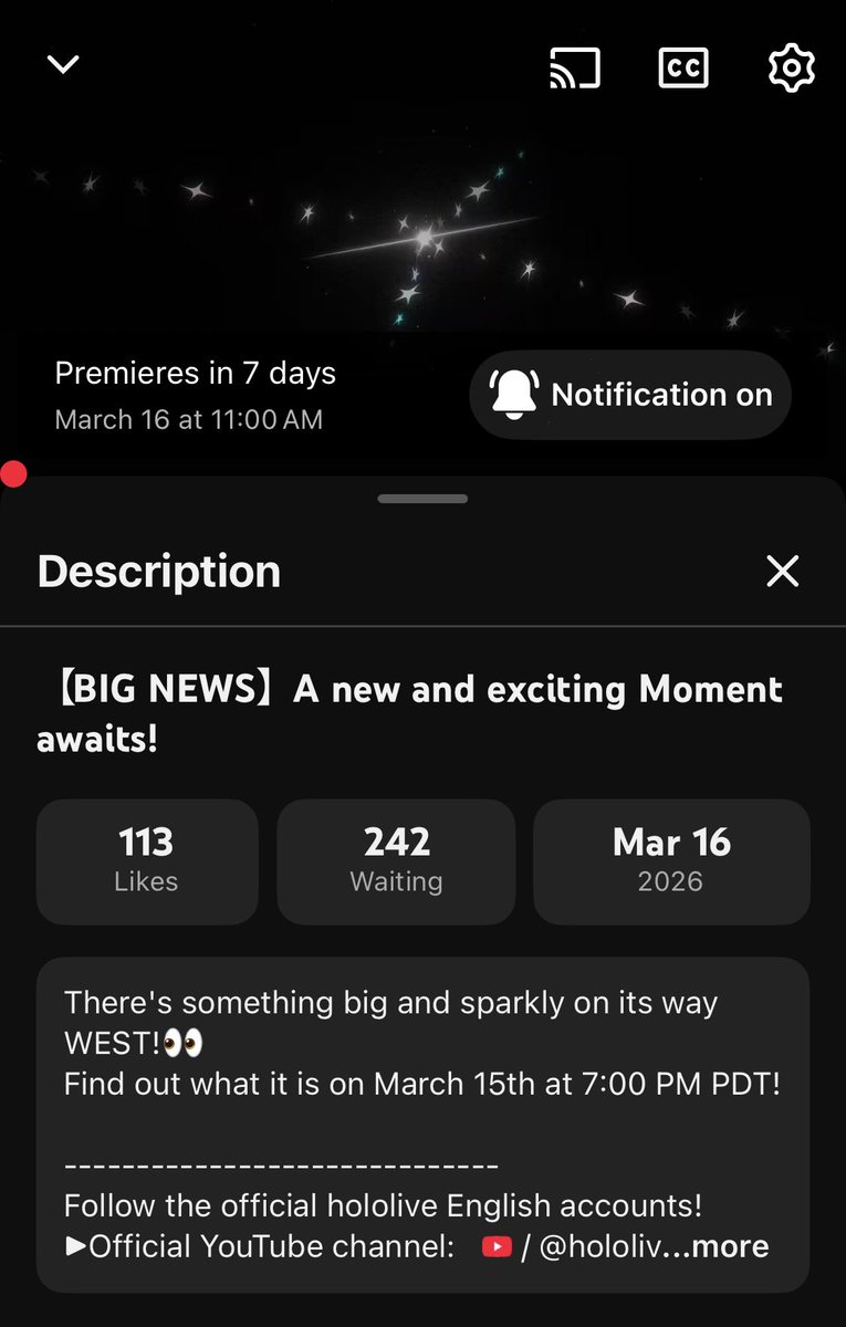 BIG NEWS video premiering on the hololive English YouTube channel in about a week!?

“There's something big and sparkly on its way WEST!”

What could it possibly be 👀

youtu.be/IDDV_JMU8GY