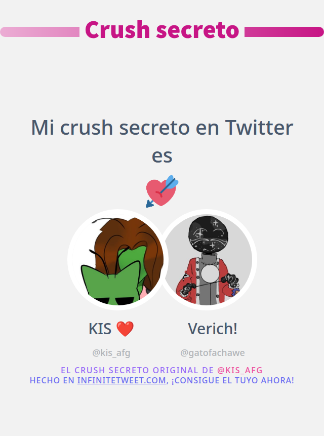 Mi crush secreto en Twitter es <a href="/gatofachawe/">Verich!</a>

➡️ infinitetweet.me/secret-crush?l…
