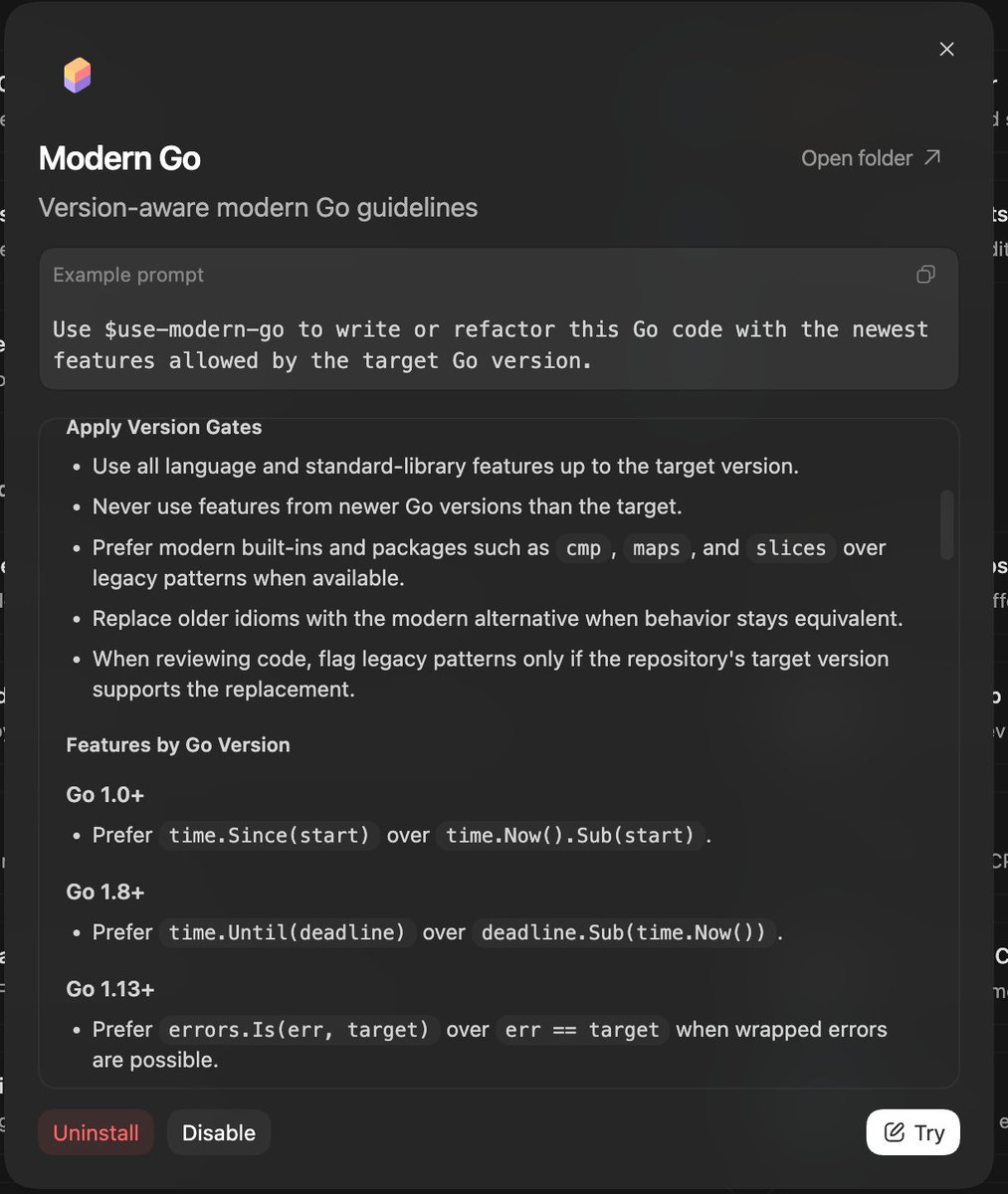 让Codex自己去扒了一个写给Claude的Modern Go Guidelines 技能适配了一下给自己用