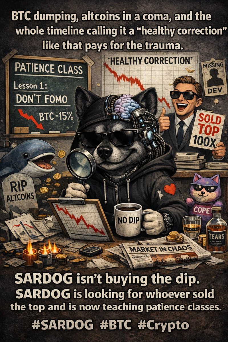 SARGODcoin's tweet photo. BTC dumping, altcoins in a coma, and the whole timeline calling it a “healthy correction” like that pays for the trauma.
SARDOG isn’t buying the dip.
SARDOG is looking for whoever sold the top and is now teaching patience classes.
#SARDOG #BTC #Crypto https://t.co/iP5PkgNZHo