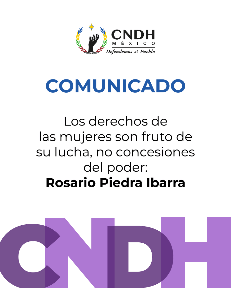 CNDH's tweet photo. En el #DíaInternacionaldelaMujer #8M, la presidenta de la CNDH, Mtra. @RosarioPiedraIb, reconoce la lucha de todas las mujeres que a lo largo de la historia han alzado la voz para la exigencia de sus derechos.

"Han sido protagonistas de cambios históricos en la justicia, la democracia y la dignidad humana", afirmó.

#DefendemosAlPueblo