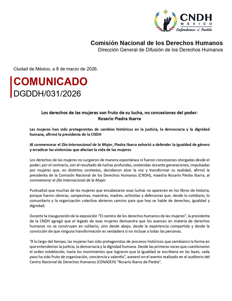 CNDH's tweet photo. En el #DíaInternacionaldelaMujer #8M, la presidenta de la CNDH, Mtra. @RosarioPiedraIb, reconoce la lucha de todas las mujeres que a lo largo de la historia han alzado la voz para la exigencia de sus derechos.

"Han sido protagonistas de cambios históricos en la justicia, la democracia y la dignidad humana", afirmó.

#DefendemosAlPueblo