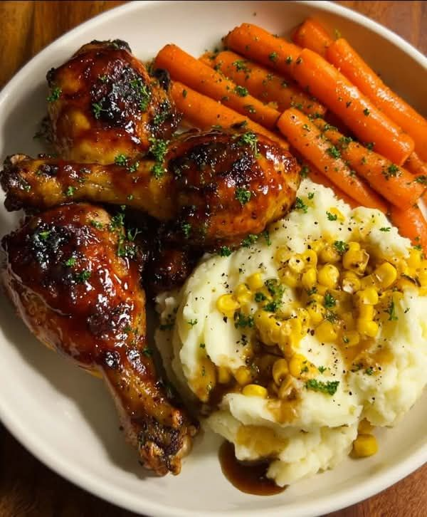 🌽BBQ glazed roasted chicken drumsticks, steamed carrots, mashed potatoes, sweet corn,gravy, and parsley! 🥕🍽️