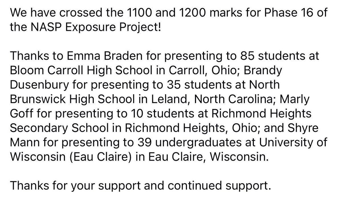 _charlesbarrett's tweet photo. We have crossed the 1100 and 1200 marks for Phase 16 of the #NASPExposureProject! Thanks for your support and continued support. Materials: https://t.co/GWeysZ4195 Submit Data: https://t.co/OKLVni7h3v #NASPEP #NASPAdvocates #DiversityMatters #representationmatters #SP4SJ https://t.co/dewiKetodw