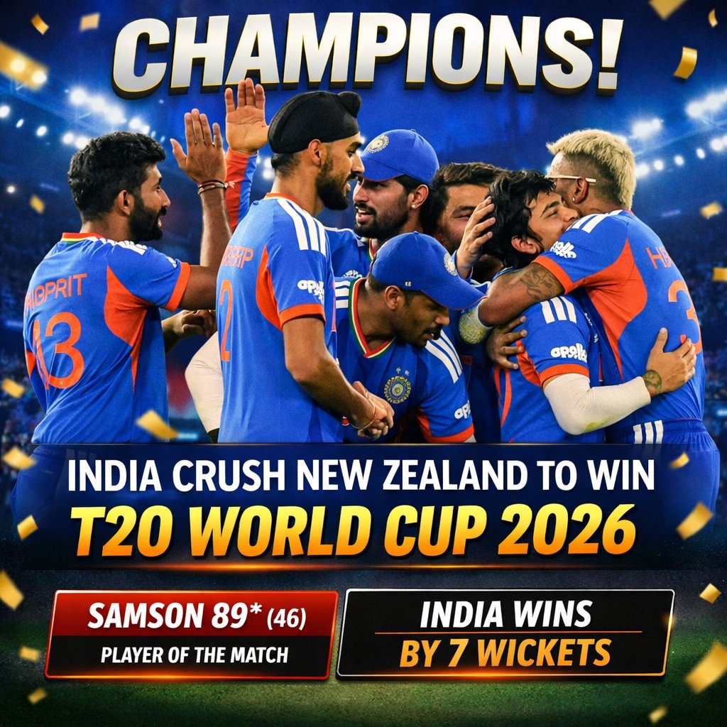 Snail_Stone7284's tweet photo. @BCCI 🇮🇳 CHAMPIONS OF THE WORLD! 💙 India crush New Zealand to lift the T20 World Cup 2026! Dominance. Class. Legacy. 🏆🔥#INDvsNZ #T20WorldCup2026 #TeamIndia #Champions #SanjuSamson #CricketFinal https://t.co/5Kowul5RJ7