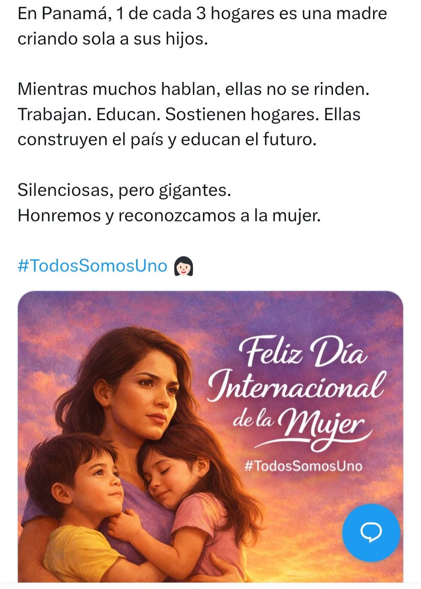 sol_lauria's tweet photo. "En Panamá, 1 de cada 3 hogares es una madre criando sola a sus hijos.

Mientras muchos hablan, nadie pregunta: ¿Por qué los hombres abandonan a sus hijos? ¿Hay políticas de cuidado? ¿Qué estamos haciendo los hombres para cambiar esto?

Reconozcamos derechos a las mujeres". https://t.co/WCAI8F00cg