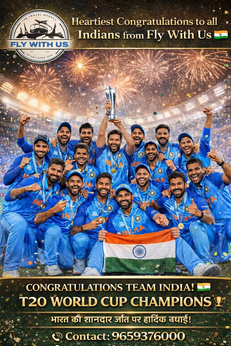 FlywithusWorld's tweet photo. India shines again. Congratulations Champions!”
“India on the top! 🇮🇳🔥 Congratulations to Team India for the historic victory.”
“Dil se salute Team India! 🇮🇳🏏 A proud day for every Indian.”
“Champions of the game, champions of our hearts! 🇮🇳🏆 Congratulations Team India.” https://t.co/1hQGpFBjkb