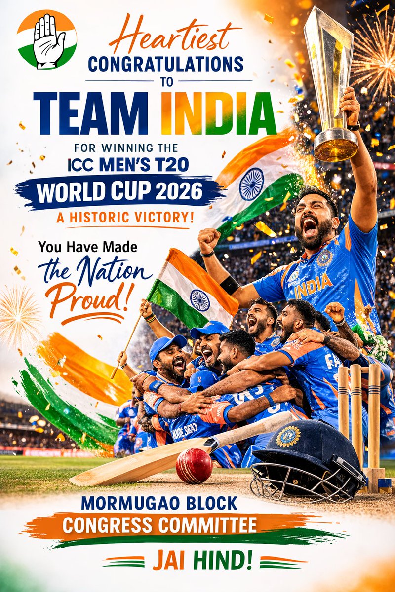 INCMormugaoC's tweet photo. Congratulations to the India national cricket team for winning the **ICC Men's T20 World Cup 2026! 🏆🇮🇳
A proud moment for the entire nation.
– Mormugao Block Congress Committee
#IndiaVsNewZealand 
#T20WC2026 
@INCIndia https://t.co/yaZXP8ldSL