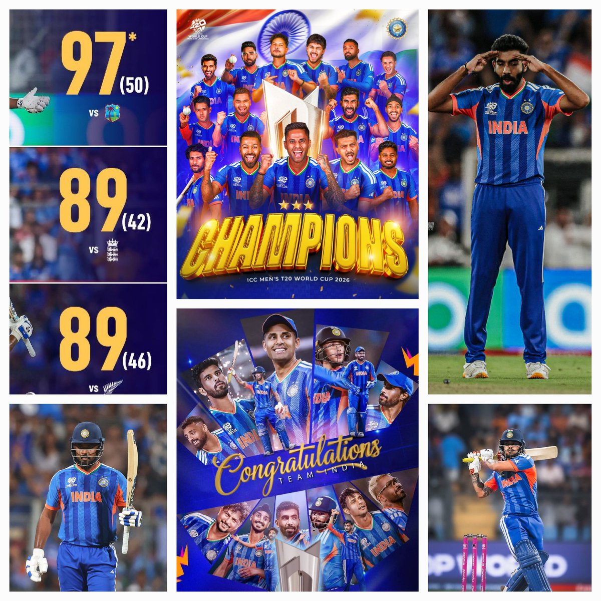 T20 World Cup 2026 Final Glory! 🏆
🇮🇳#India crushes NZ by 96 runs 
History Made:Most T20 Titles (3) - India leads all-time (2007,2024,2026)
First to Defend Title - Back-to-back champs
First Host Win-Trophy at home!Sanju89,Abhishek50,Bumrah4/41,Axar 3 wkts.255/5 to 159 #INDvNZ