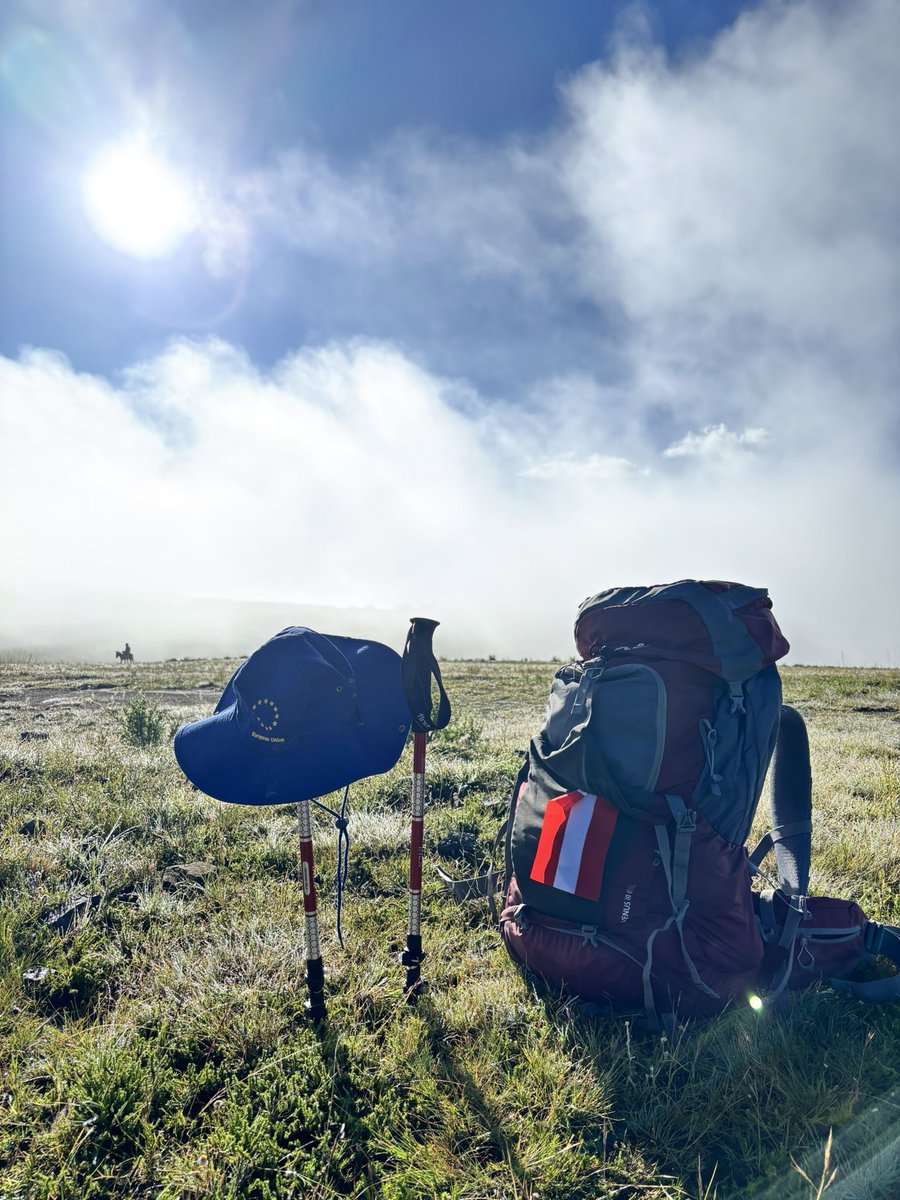 AlexEriksroed's tweet photo. Moshoeshoe Walk 2026 in Lesotho 🇱🇸 was quite the challenge! 

Torrential rains meant we had multiple streams to cross, as we traced the steps of the father of the Basotho nation, King Moshoeshoe I. 

In true #TeamEurope spirit, Austria 🇦🇹 partnered with 🇪🇺, 🇫🇷, 🇸🇪 and 🇱🇹 to brave the elements and complete the three-day, 116km walk across Lesotho (cut short, for the first time ever, due to the weather…). 

And what a special honour to receive the finisher medal from Her Majesty the Queen of Lesotho 🤩

@EUinLesotho 
@EUinSA 
@AustriainZA 

@ForeignLesotho 
@LesothoTribune 
@Lesotho