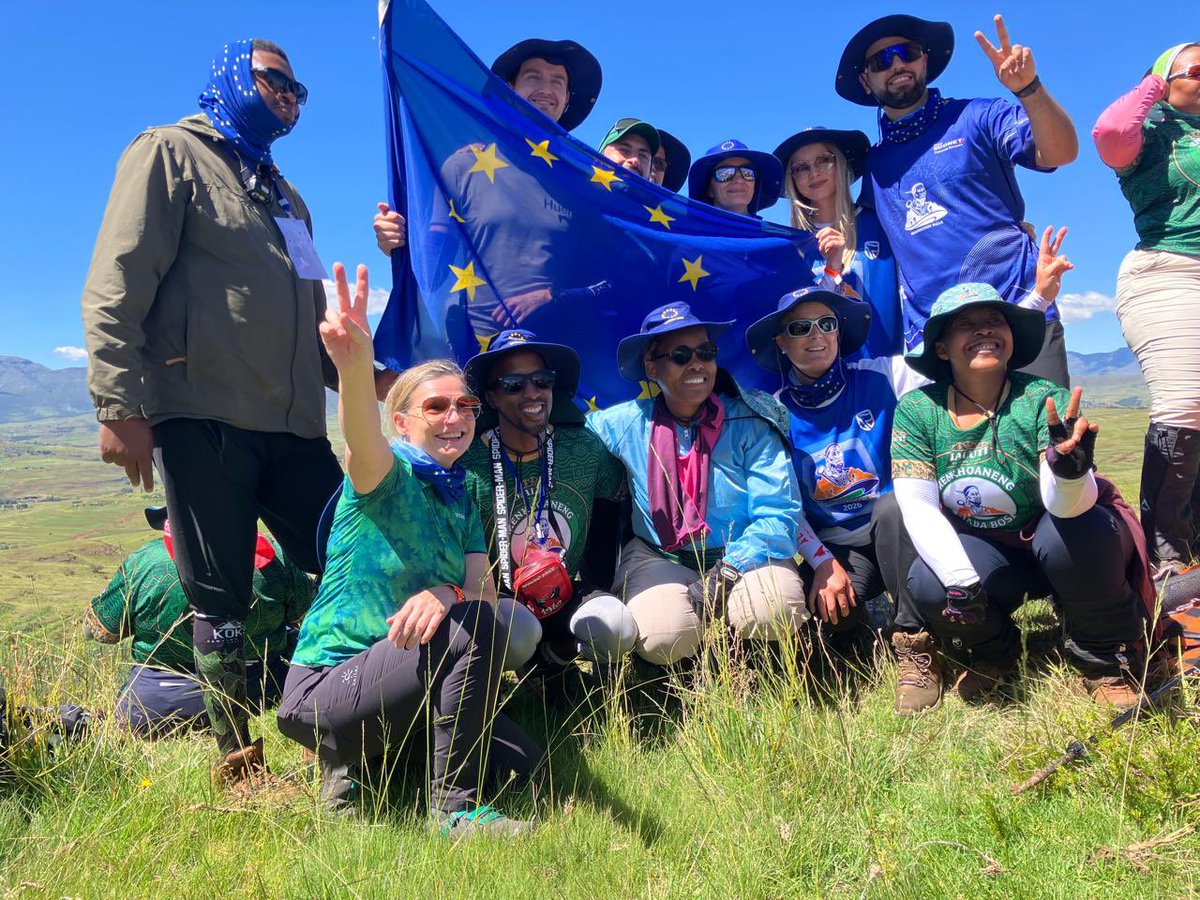 AlexEriksroed's tweet photo. Moshoeshoe Walk 2026 in Lesotho 🇱🇸 was quite the challenge! 

Torrential rains meant we had multiple streams to cross, as we traced the steps of the father of the Basotho nation, King Moshoeshoe I. 

In true #TeamEurope spirit, Austria 🇦🇹 partnered with 🇪🇺, 🇫🇷, 🇸🇪 and 🇱🇹 to brave the elements and complete the three-day, 116km walk across Lesotho (cut short, for the first time ever, due to the weather…). 

And what a special honour to receive the finisher medal from Her Majesty the Queen of Lesotho 🤩

@EUinLesotho 
@EUinSA 
@AustriainZA 

@ForeignLesotho 
@LesothoTribune 
@Lesotho