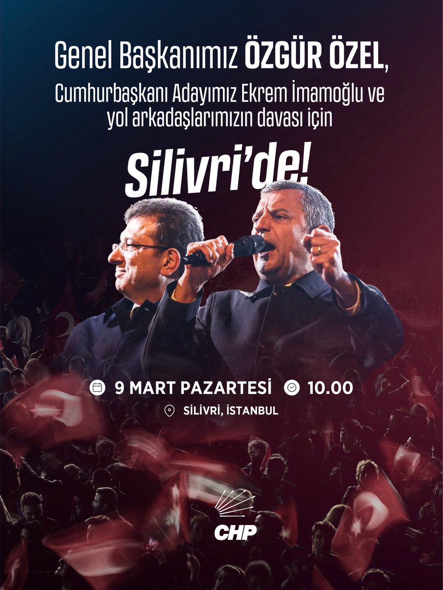 Genel Başkanımız Özgür Özel, yarın Cumhurbaşkanı adayımız Ekrem İmamoğlu ve yol arkadaşlarımıza yönelik kumpas davası için Silivri’de olacak.

🗓 9 Mart Pazartesi
⏰ 10.00
📍 Silivri / İstanbul