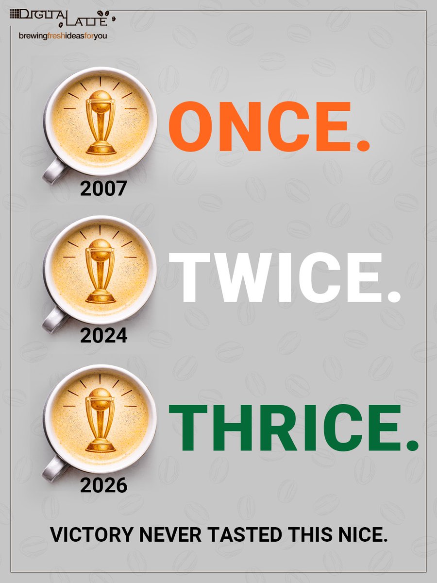 DigitalLatte's tweet photo. 2007. 2024. 2026. 🏆🏆🏆 
Once was historic. 
Twice was dominant. 
Thrice? Thrice is LEGENDARY.

Congratulations #TeamIndia 🇮🇳

This isn't just cricket anymore. This is history, brewed to perfection. 

#T20WorldCup #Champions https://t.co/kKZJRomxDc