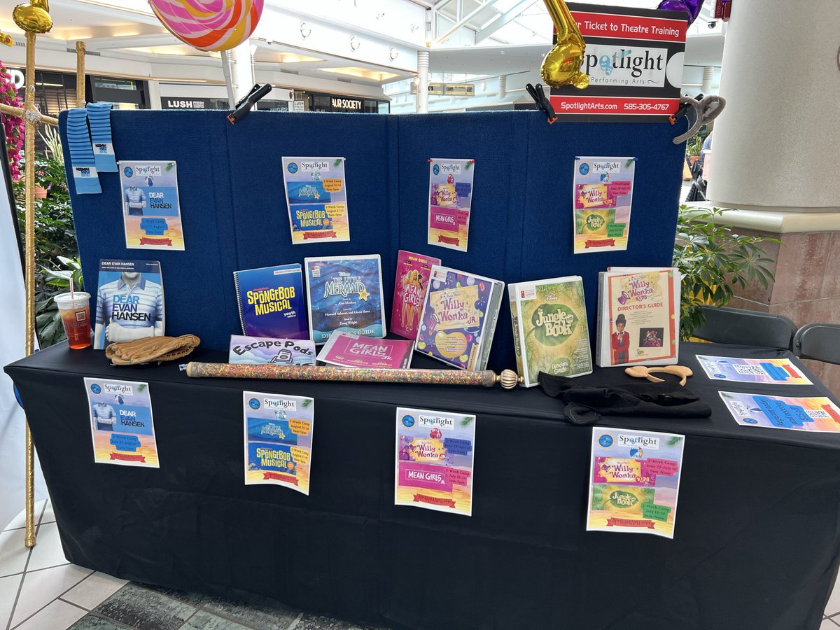 SpotlightArts's tweet photo. Spotlight is at Eastview Mall today for the @585Kids Summer Camp Fair! Stop by and check us out. We’re right next to Eddie Bauer, @BoxLunchGifts and the Lego Store. Here till 4pm today! https://t.co/gfY9nlKMm1