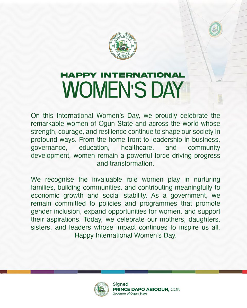 On this International Women’s Day, we proudly celebrate the remarkable women of Ogun State and across the world whose strength, courage, and resilience continue to shape our society in profound ways. From the home front to leadership in business, governance, education,
