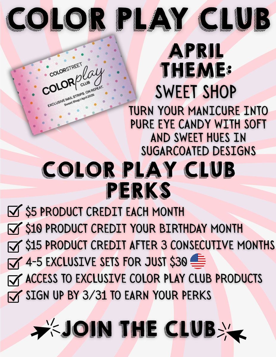 Say 👋 to our newest Color Play Club theme:
🍭✨ Sweet Shop-> She’s serving sugary vibes, candy-colored cuteness, and total eye-candy nails! 💅
🍭 Get in the club here:
colorstreet.com/AngieZehring/c…
Enrollment for April ends March 31st!
