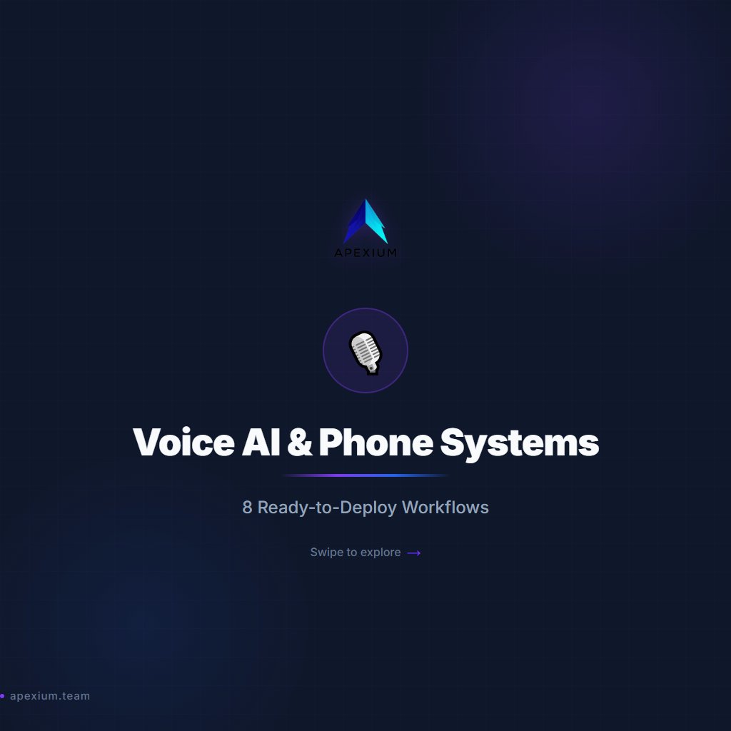 apexium0101's tweet photo. Build AI-powered voice and chat assistants

8 Voice AI & Phone Systems workflows — ready to deploy:

→ Voice AI Support Agent (ElevenLabs + Gemini + RAG)
→ WhatsApp AI Support Bot + Knowledge Base
→ Multi-Agent Healthcare Assistant
→ Bitrix24 RAG Chatbot
→ Telegram RAG Support Agent (Pinecone)
→ Ultimate AI Personal Assistant (7 Tools)
→ Email-to-Task AI Pipeline (Gmail to Notion)
→ AI Project Manager Agent

Intelligent bots that handle conversations across any channel.

Built with n8n. No code required.

#n8n #Automation #VoiceAI #Chatbot