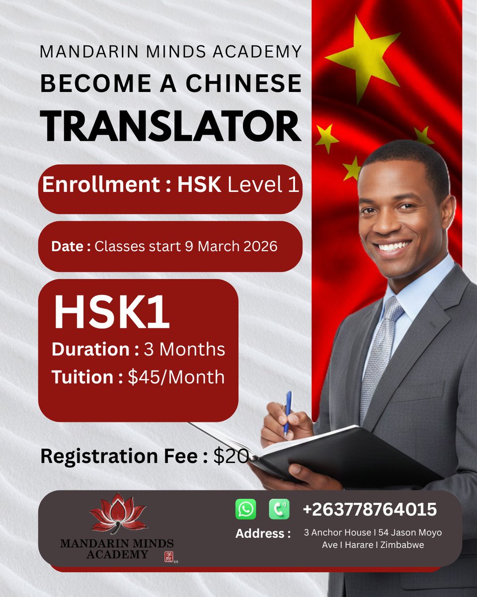 Charlesbatzee's tweet photo. @redmarketsunday @redmarketsunday 
🚀 New Intake Alert! 📚
​Want to become a Chinese translator? Join our classes starting Mar 9th!
​🗓️ Mon, Wed, Thu | 6-7 PM
💰 $20 Reg | $45/mo
📍 4th Floor, Three Anchor House, Harare
📲 WhatsApp: 077 876 4015
​Secure your spot now: https://t.co/wRoHGzFbqf… https://t.co/Nwm1AnKwnp