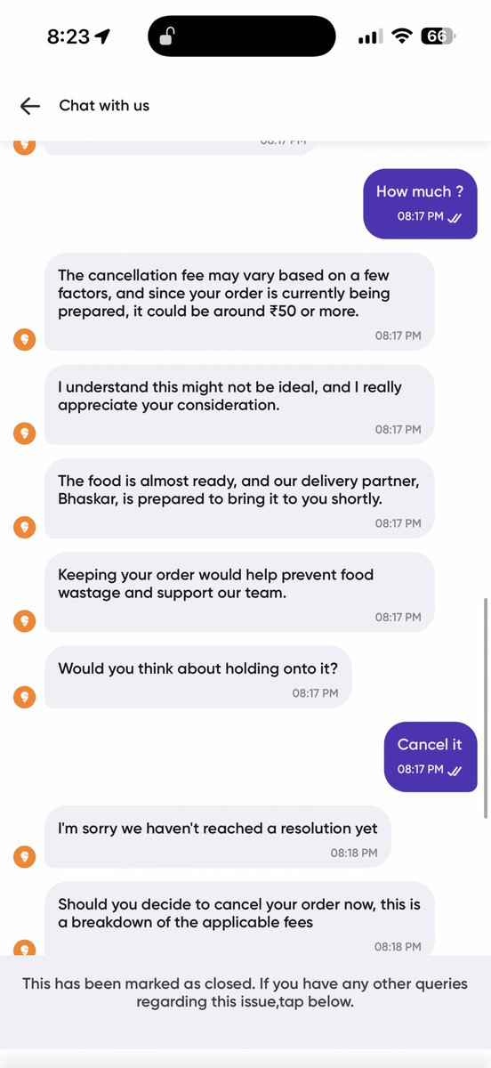 pranavrh's tweet photo. Guys what going on on this orders 
When we ordr from swiggy and when they need to cancel they should charge some amount but instead swiggy is charging whole amount in 
Chat they said its 50₹  
Order Id #231950315561677
@Swiggy @SwiggyCares   @harshamjty @jagograhakjago @consaff https://t.co/s2yUX6juPP