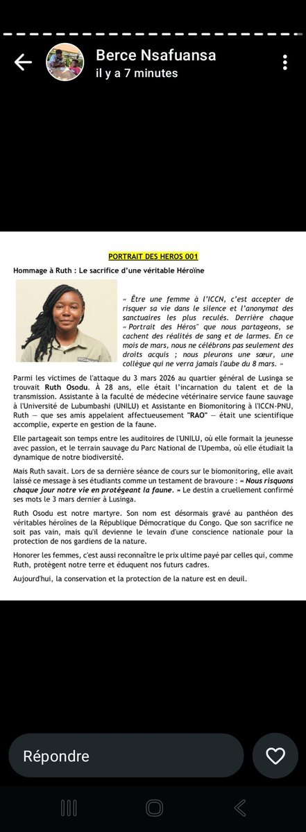 rogerdo1990's tweet photo. Ruth OSODU était  l’incarnation  du talent. ces dernieres phrases < Nous risquons chaque jour notre vie en protégeant la faune > tué au Parc National d’Upemba le 03 mars 2026 en territoire de Mitwaba dans le Haut katanga en RDC. Martyr de la conservation de la Nature. RIP https://t.co/xu7ltgGIX4