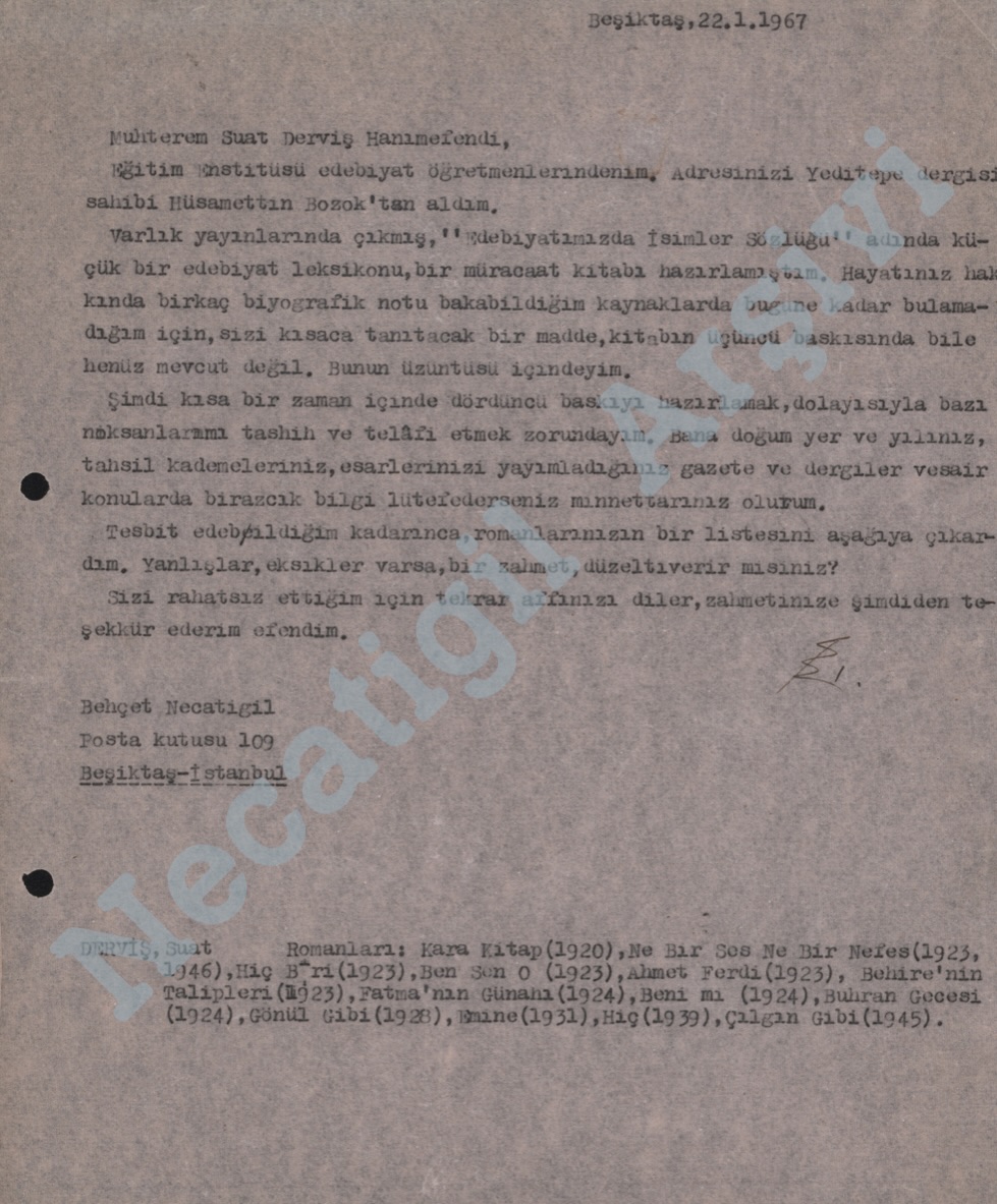 Necatigil_Arsiv's tweet photo. 8 Mart Dünya Kadınlar Günü’nde sıra dışı bir kadın yazarımızla, Suat Derviş’le Behçet Necatigil’in yazışmalarından: Necatigil’in Edebiyatımızda İsimler Sözlüğü’ne almak için Suat Derviş’ten biyografisi hakkında bilgi istediği mektubu, 22 Ocak 1967

Suat Derviş, 26 ocak 1967 tarihli cevabında kapsamlı biyografisini gönderirken şöyle yazmıştı:
“… Birçok ecnebi memleketlerde çıkan antolojilerde ve hattâ edebiyatçılara ait dahi olmayan ansiklopedilerde bile, derleyenler, ismimden, edebî şahsiyetimden ve eserlerimden bahsetmek lûtfunu gösterdikleri hâlde, memleketimde ismimin bu nevi eserlerde nâdiren yer aldığını görmek, beni çok üzmektedir. Bunun için de tarafınızdan gösterilen bu ilgi beni çok mütehassis etti.
İstediğiniz otobiyografik mâlumat ile eserlerim hakkındaki listeyi ilişik olarak takdim ediyorum.”

Suat Derviş maddesi, sözlüğün 4. baskısına eklendi, bu yazışmalar Necatigil’in “Dünya Kadın Yılında Suat Derviş Üzerine Notlar” başlıklı yazısıyla Nesin Vakfı Edebiyat Yıllığı’nda yayımlandı (1976).

Yazı şu satırlarla bitiyor: “Gerek yurdunda, gerekse yurt dışında Türk kadınının yaratıcı yanını kabul ettirmiş olan ve özel bir monografide değerlendirilmesi gerekli, çok cepheli bir yazarımızı, kadın haklarından çok söz edildiği şu dünya kadın yılında, bu kadar olsun, hatırlatmadan geçemedik.”

https://t.co/UtcKb2ZBBY

#necatigilinodası #behçetnecatigil #suatderviş #dünyakadınlargünü #8Mart #vaktinzulmünekarşıyazmak