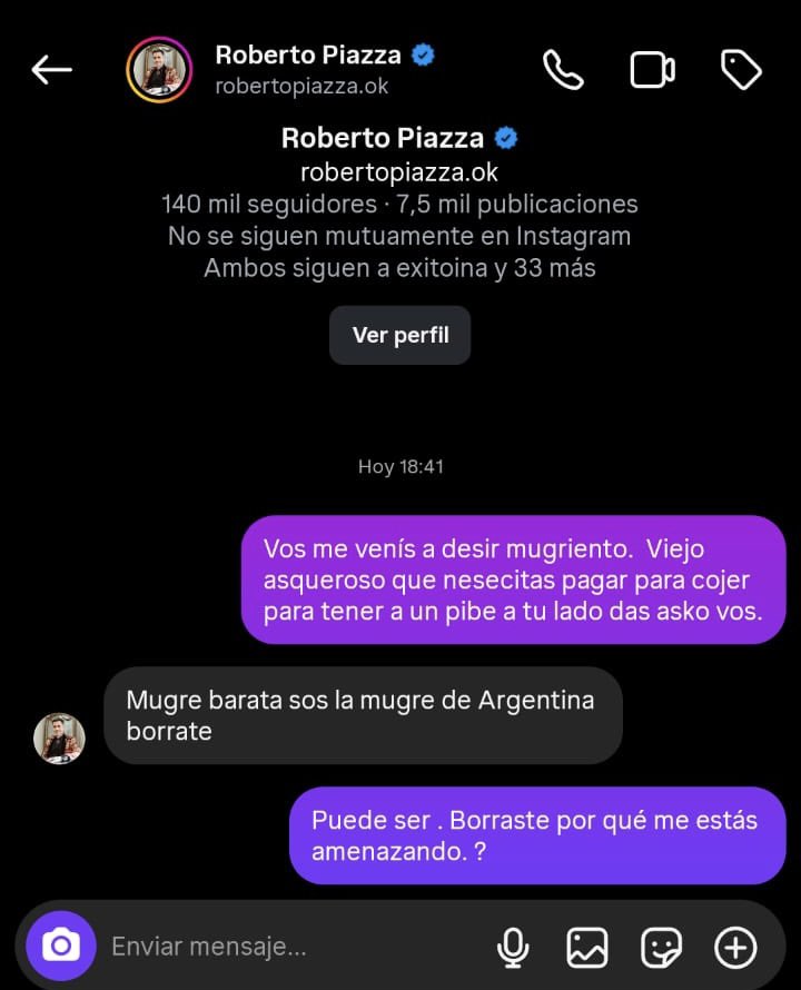 🚨 ROBERTO PIAZZA AMENAZÓ AL EX ASISTENTE DE FÁTIMA FLORES:

“BORRATE”

El modisto del Presidente se metió de lleno en el escándalo y salió a amenazar a Sesarin, ex asistente de Fátima Flores.
En una demostración bastante explícita de chupamedias presidencial, decidió meterse en