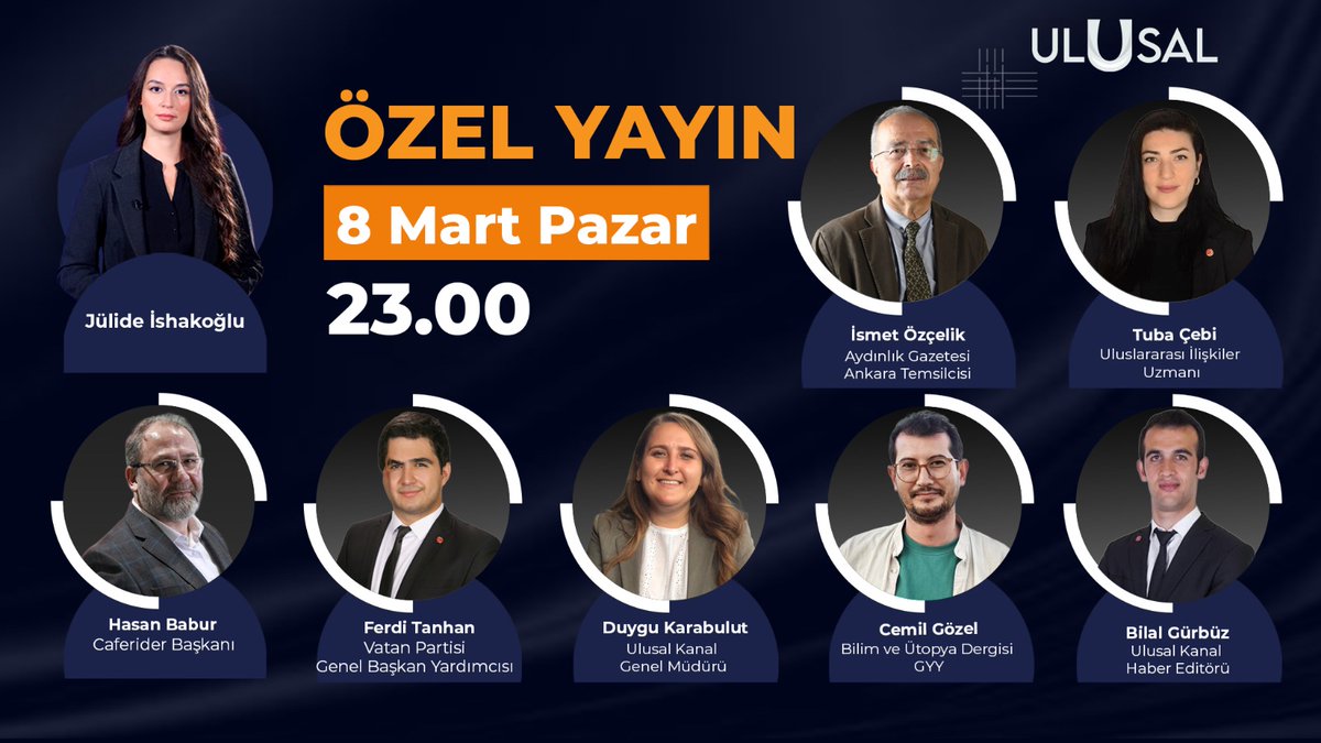 ulusalkanal's tweet photo. İRAN'A SALDIRI TÜRKİYE'YE SALDIRIDIR!

⚫️Jülide İshakoğlu ile Özel Yayın 23.00'te Ulusal Kanal'da!

⚪️Konuklar:

- İsmet Özçelik (@ismetozcelik_)
- Tuba Çebi (@TubaCebii)
- Hasan Babur
- Ferdi Tanhan (@FerdiTanhan)
- Duygu Karabulut (@duygukbulut)
- Cemil Gözel (@cemilgozel)
- Bilal Gürbüz (@gurbuzbilall)

CANLI YAYIN ⬇️
🔴https://t.co/fDTEpOk97x