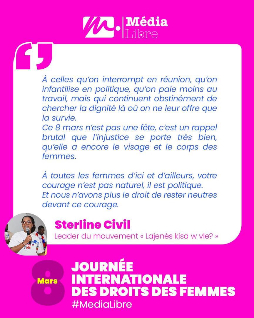 sterline_civil's tweet photo. À celles qui portent les familles, les quartiers, les écoles, les hôpitaux, les mouvements, sans jamais apparaître sur les photos officielles.

À celles qu’on interrompt en réunion, qu’on infantilise en politique, qu’on paie moins au travail, mais qui continuent obstinément de chercher la dignité là où on ne leur offre que la survie.

Ce 8 mars n’est pas une fête, c’est un rappel brutal que l’injustice se porte très bien, qu’elle a encore le visage et le corps des femmes.

À toutes les femmes d’ici et d’ailleurs, votre courage n’est pas naturel, il est politique. Et nous n’avons plus le droit de rester neutres devant ce courage.
#medialibre🙏🏾
#lajenèskisawvle
