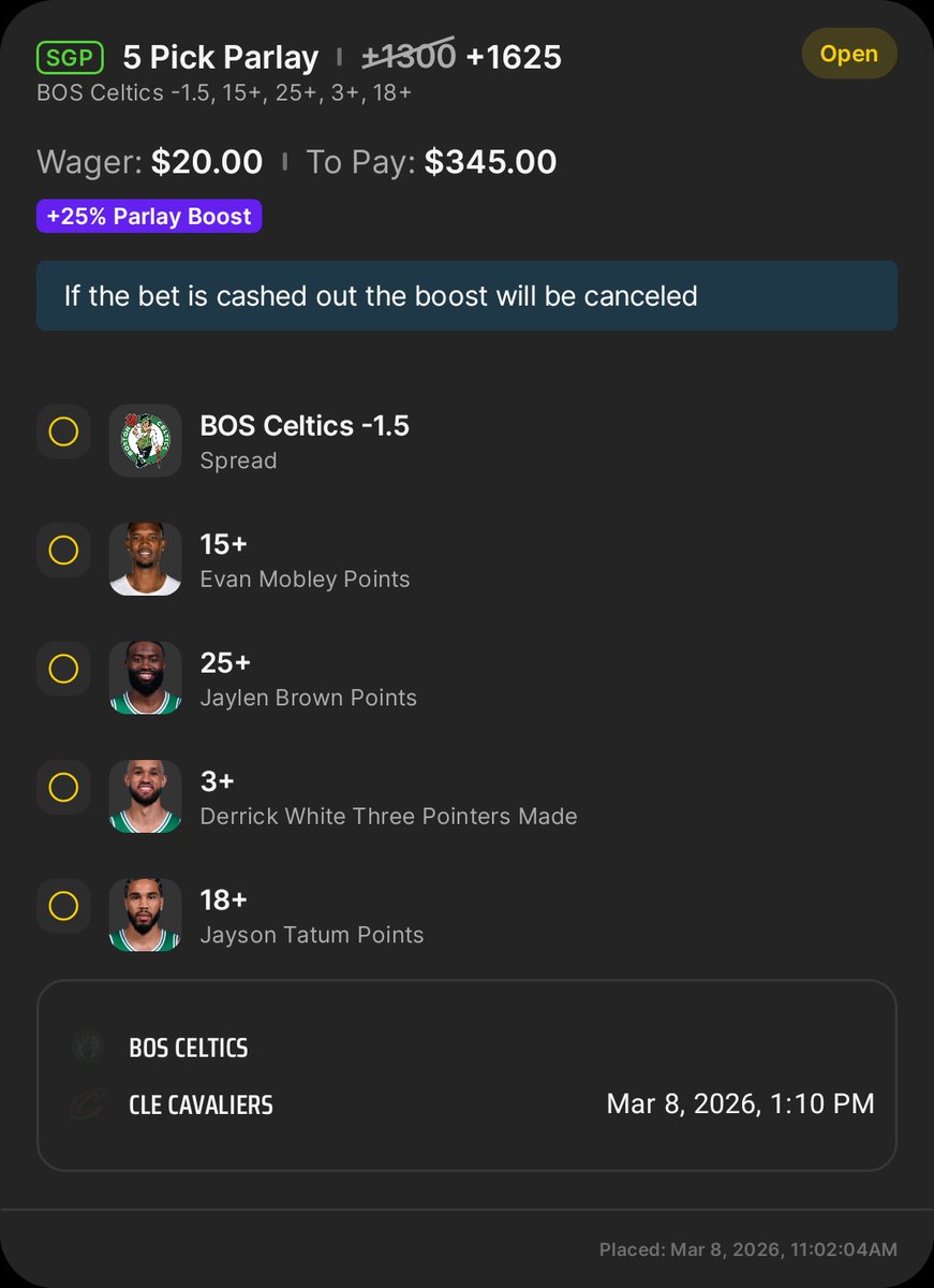 5-leg SGP SLAMMED for Celtics vs Cavs   BOS Celtics -1.5  
Evan Mobley 15+ PTS  
Jaylen Brown 25+ PTS  
Derrick White 3+ Threes  
Jayson Tatum 18+ PTS

$20 → $345 with the +25% boost    #Celtics #NBABets #SGP #Parlay #SportsBetting #ForTheCity