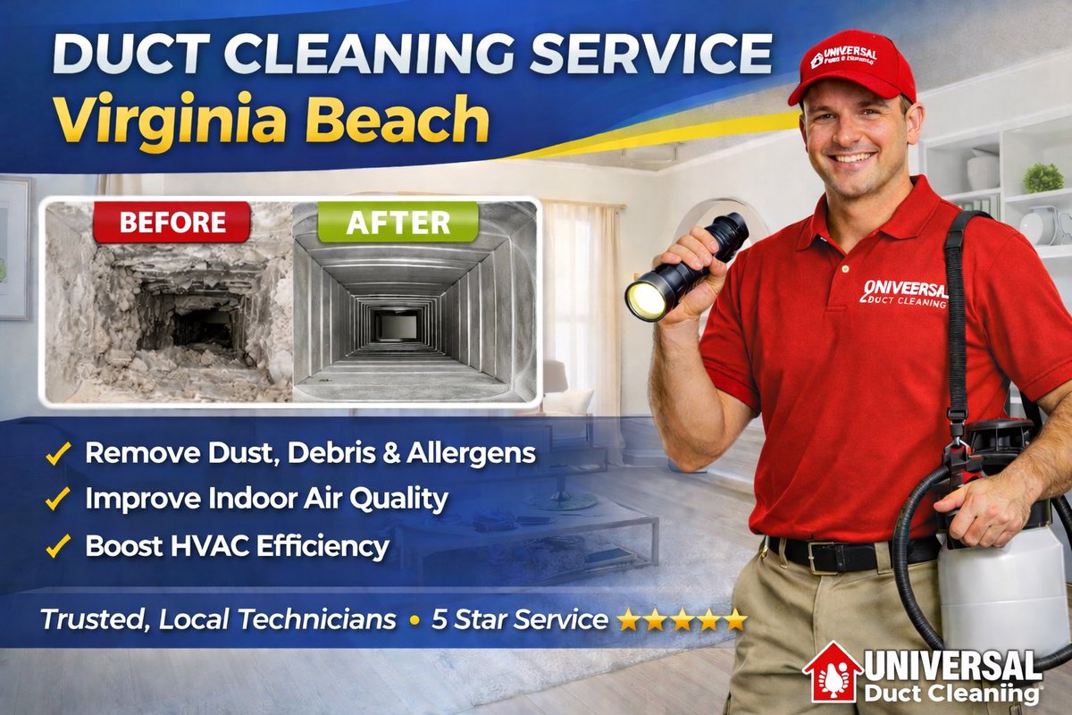 UniversalPest's tweet photo. Duct Cleaning in Virginia Beach 💨🏠

When was the last time your home’s air ducts were cleaned? Over time, dust, pet dander, allergens, and debris can build up inside your duct system and circulate throughout your home every time the HVAC system runs.

Professional duct cleaning can help improve the air your family breathes every day.

Benefits of professional duct cleaning:

• Remove dust, debris, and allergens
• Improve indoor air quality
• Reduce musty odors from vents
• Help HVAC systems run more efficiently
• Reduce dust circulating through your home

Homes in Virginia Beach and throughout Hampton Roads often deal with humidity, pollen, and airborne debris that can accumulate in duct systems over time.

Keeping your ducts clean helps maintain a healthier and more comfortable home environment.

https://t.co/VFjedTQvMi

#DuctCleaning #AirDuctCleaning #VirginiaBeach #IndoorAirQuality #HamptonRoads #CleanAir #HVACMaintenance #HealthyHome #AirQualityMatters #HomeMaintenance #DustRemoval #AllergyRelief 💨🏠