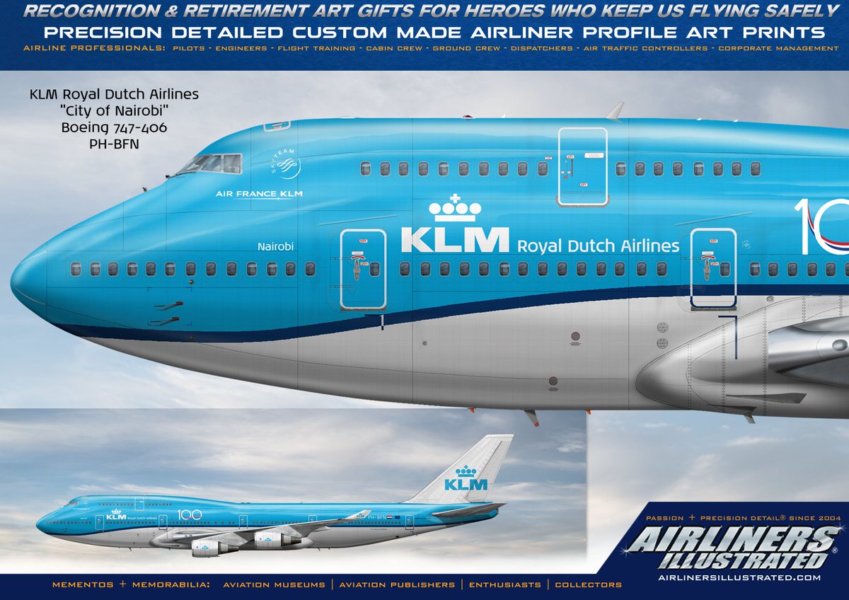 airlinerart's tweet image. KLM Royal Dutch Airlines | Nairobi | 100 Years Livery | Boeing 747-406 PH-BFN | Panoramic Aviation Artwork in Detail in the drop nose livery.
🎨🔎🌍✈️👑☁️🧑‍✈️👩‍✈️🔵⚪️ 🇳🇱🇪🇺1️⃣0️⃣0️⃣
#KLM #klmroyaldutchairlines #boeing747 #pilotlife #aviationart 

Requests: nick@airlinersillustrated.com