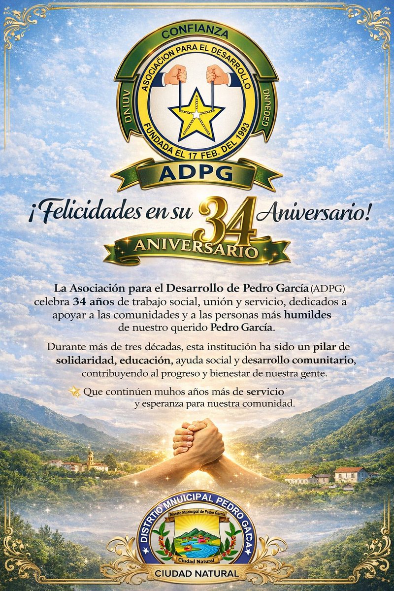 dmpedrogarcia's tweet photo. Desde la Alcaldía de Pedro García celebramos junto a ustedes el 34 aniversario de la Asociación para el Desarrollo de Pedro García (ADPG).

 sus años de entrega, trabajo social y compromiso con las comunidades, especialmente con las personas más humildes de nuestro municipio. https://t.co/gUCIGPL8Jm